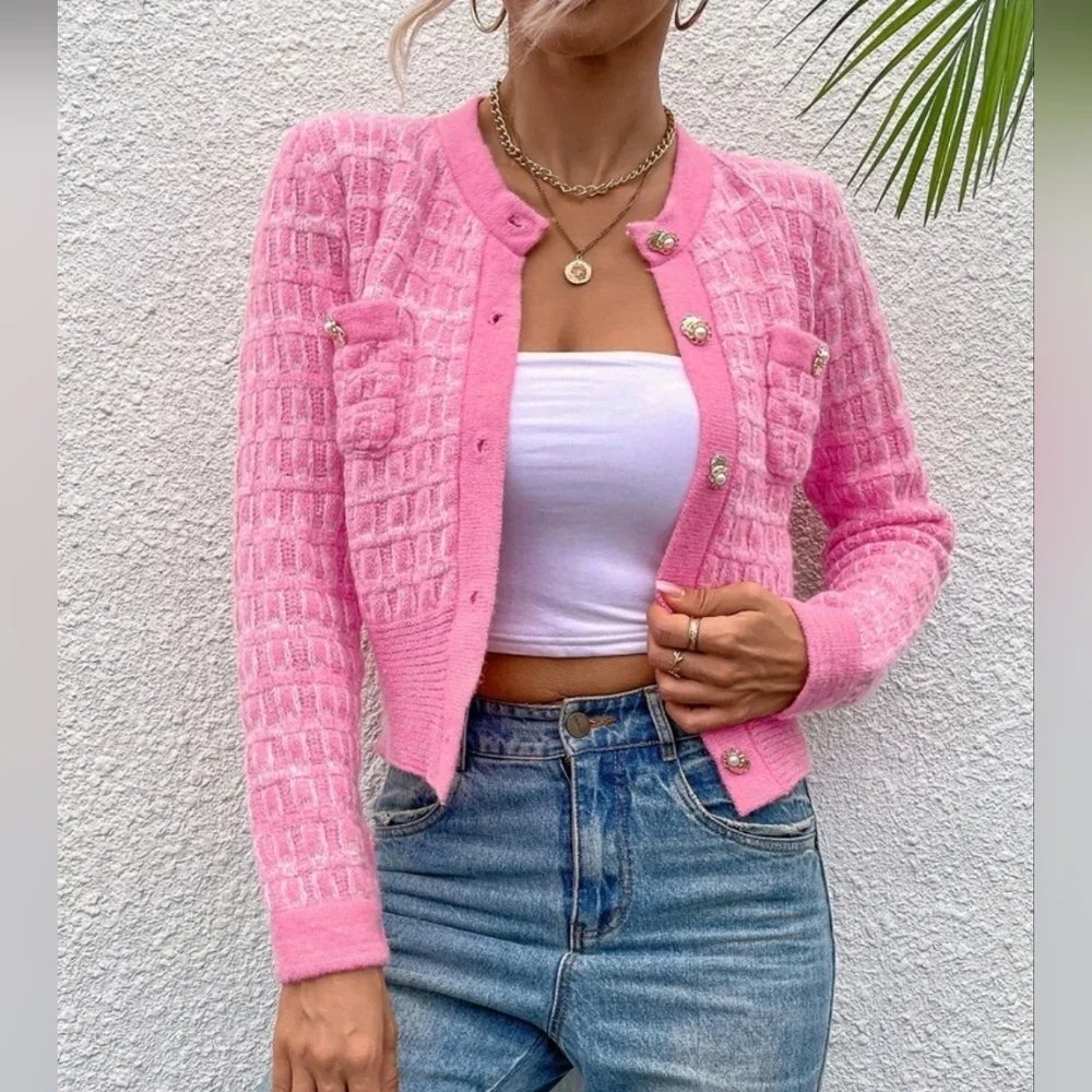 New Chic Tweed Knit Button Up Crop Cardigan Sweater Top Jacket Barbie Pink White - Picture 1 of 7